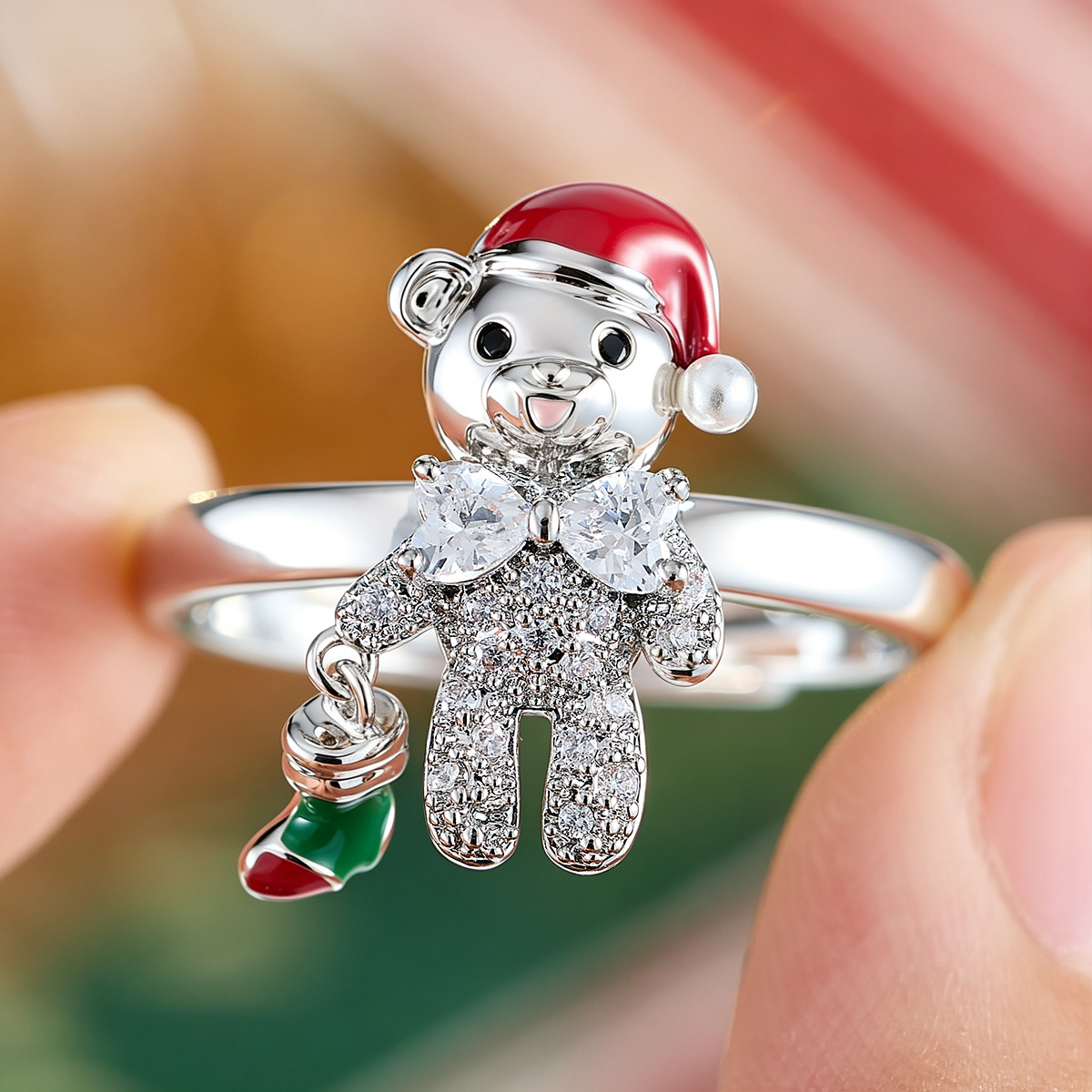 Women's Red Enamel Santa Hat Ring with Zirconia